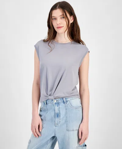 Hippie Rose Juniors' Knot-front Muscle Tee In Gray