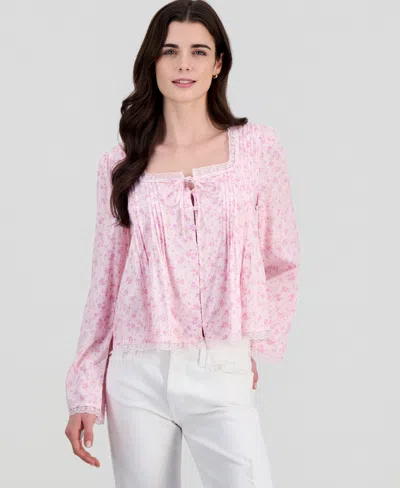 Hippie Rose Juniors' Lace-trim Floral-print Pintucked Top In Pink
