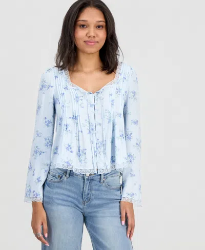 Hippie Rose Juniors' Lace-trim Floral-print Pintucked Top In Blue