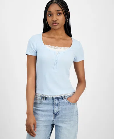 Hippie Rose Juniors' Lace-trim Layered Henley T-shirt In Blue