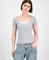 Hippie Rose Juniors' Lace-trim Layered Henley T-shirt In Gray