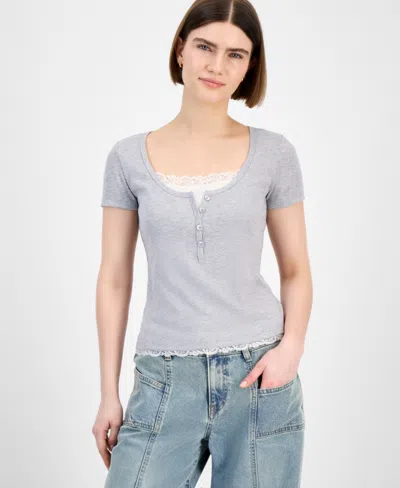 Hippie Rose Juniors' Lace-trim Layered Henley T-shirt In Gray