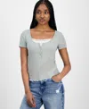 Hippie Rose Juniors' Lace-trim Layered Henley T-shirt In Gray