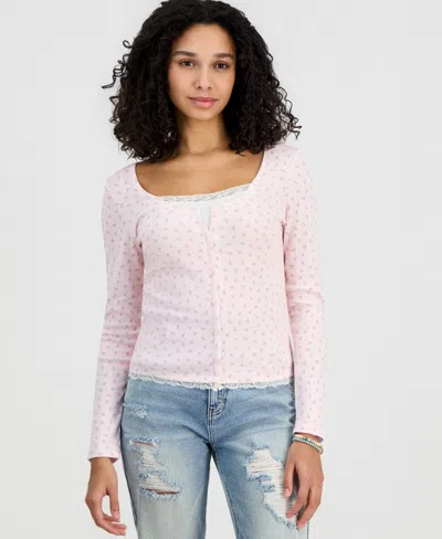 Hippie Rose Juniors' Lace Two-fer Long-sleeve Top In Pink