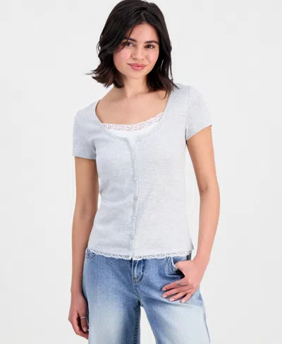 Hippie Rose Juniors' Lace-trim Layered-look Tee In Blue