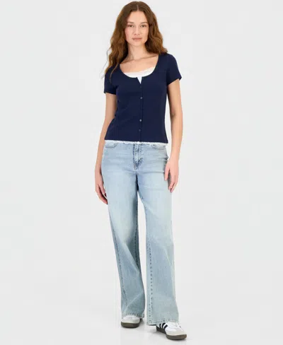 Hippie Rose Juniors' Lace-trim Layered-look Tee In Blue