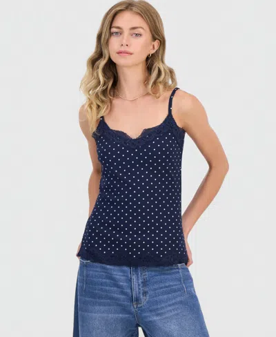 Hippie Rose Juniors' Lace-trim Longline Printed Cami In Blue