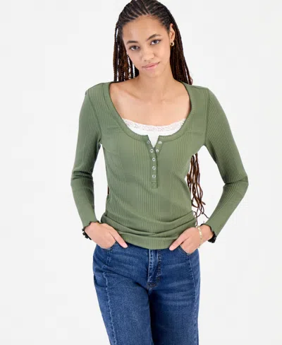 Hippie Rose Juniors' Layered-look Henley Ribbed Long-sleeve Top In Green