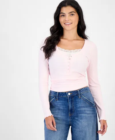 Hippie Rose Juniors' Layered-look Henley Ribbed Long-sleeve Top In Neutral