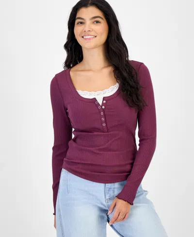 Hippie Rose Juniors' Layered-look Henley Ribbed Long-sleeve Top In Purple