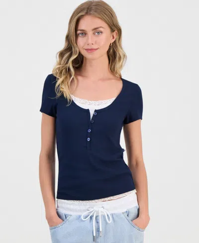 Hippie Rose Juniors' Layered-look Short-sleeve Henley In Blue