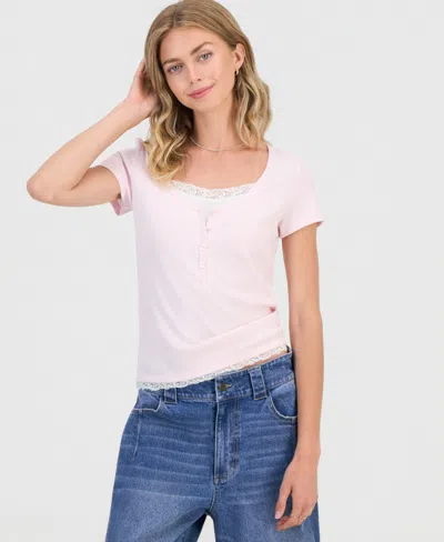 Hippie Rose Juniors' Layered-look Short-sleeve Henley In White