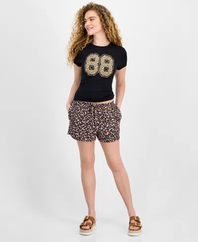 Hippie Rose Juniors' Leopard Pull-on Drawstring Shorts In Sand