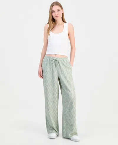 Hippie Rose Juniors' Lightweight Printed Wide-leg Pants In Gray