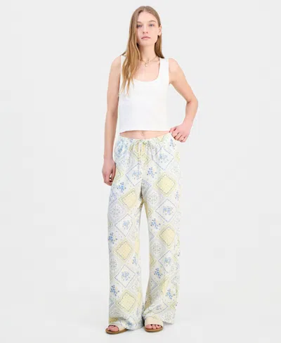 Hippie Rose Juniors' Lightweight Printed Wide-leg Pants In White
