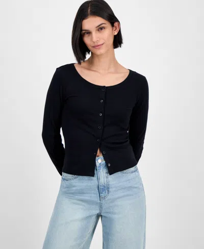Hippie Rose Juniors' Long-sleeve Button-front Knit Top In Black