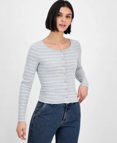 Hippie Rose Juniors' Long-sleeve Button-front Knit Top In Gray
