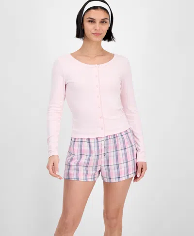 Hippie Rose Juniors' Long-sleeve Button-front Knit Top In Pink