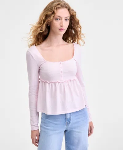 Hippie Rose Juniors' Long Sleeve Knit Babydoll Top In Pink