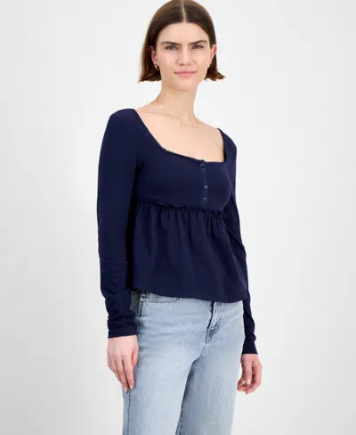 Hippie Rose Juniors' Long Sleeve Knit Babydoll Top In Blue