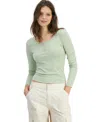 Hippie Rose Juniors' Long Sleeve Ribbed Henley In Desert Sage