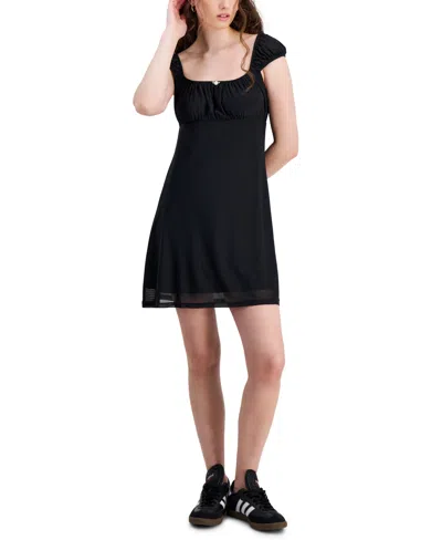 Hippie Rose Juniors' Mesh Cap-sleeve Mini Dress In Black