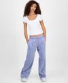 Hippie Rose Juniors' Mid-rise Pleat-front Trouser Fleece Pants In Blue