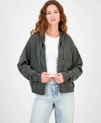 Hippie Rose Juniors' Mossy Zip-up Sweater Hoodie In Gray
