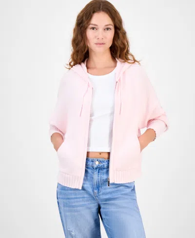 Hippie Rose Juniors' Mossy Zip-up Sweater Hoodie In Pink