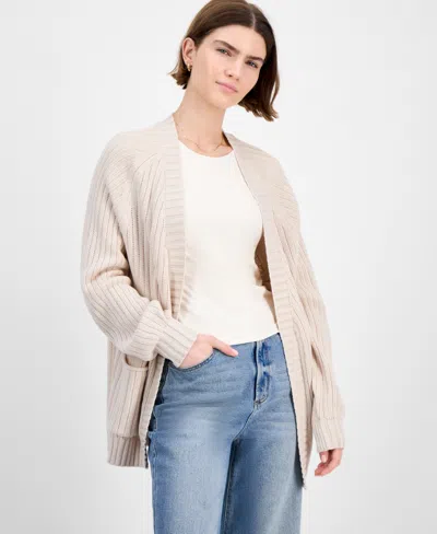 Hippie Rose Juniors' Open-front Pointelle-knit Cardigan In Sand