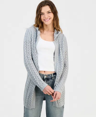 Hippie Rose Juniors' Open-front Pointelle-knit Hooded Cardigan In Animal Print