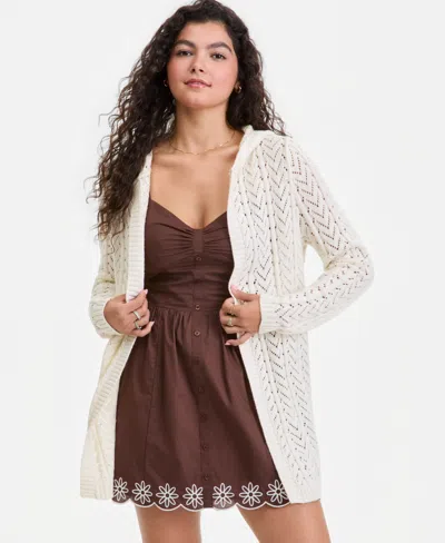 Hippie Rose Juniors' Open-front Pointelle-knit Hooded Cardigan In White