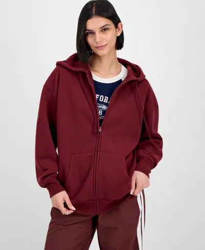 Hippie Rose Juniors' Oversized Full-zip Hoodie In Red
