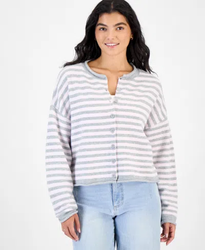Hippie Rose Juniors' Oversized Rollneck Striped Cardigan In White