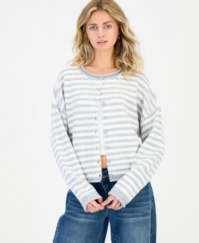Hippie Rose Juniors' Oversized Rollneck Striped Cardigan In Gray