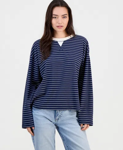 Hippie Rose Juniors' Oversized Striped Long-sleeve Top