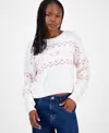 Hippie Rose Juniors' Patterned Knit Chenille Crewneck Sweater In Neutral