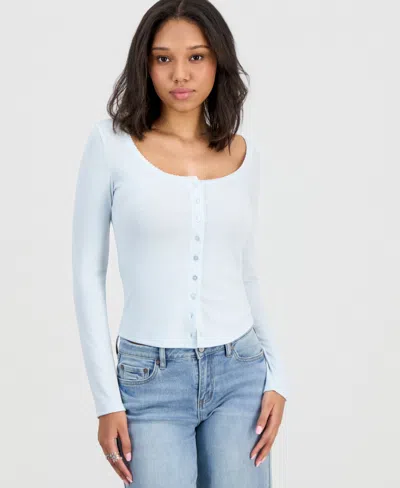 Hippie Rose Juniors' Picot-trim Pointelle Cardigan Knit Long-sleeve In Blue