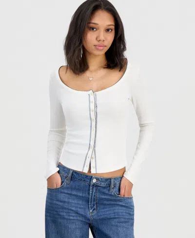 Hippie Rose Juniors' Picot-trim Pointelle Cardigan Knit Long-sleeve In White