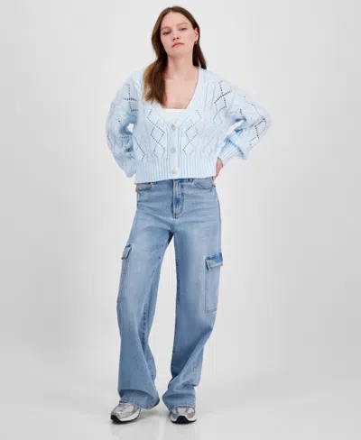 Hippie Rose Juniors' Pointelle Cable-knit Cardigan In Delicate Blue