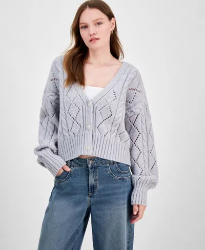 Hippie Rose Juniors' Pointelle Cable-knit Cardigan In Silver Belle