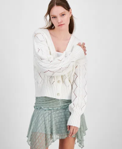 Hippie Rose Juniors' Pointelle Cable-knit Cardigan In Winter White