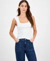 Hippie Rose Juniors' Pointelle Ditsy Print Seamless Tank In White Ditsy