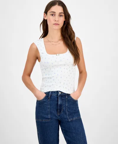 Hippie Rose Juniors' Pointelle Ditsy Print Seamless Tank In White Ditsy
