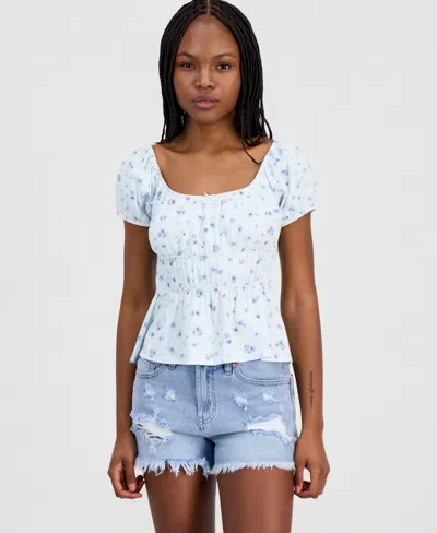 Hippie Rose Juniors' Printed Puff-sleeve Peplum Peasant Top In White