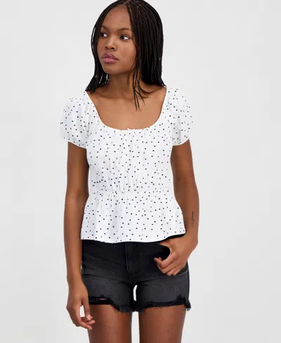 Hippie Rose Juniors' Printed Puff-sleeve Peplum Peasant Top In Multi