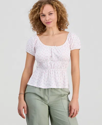 Hippie Rose Juniors' Printed Puff-sleeve Peplum Peasant Top In Animal Print