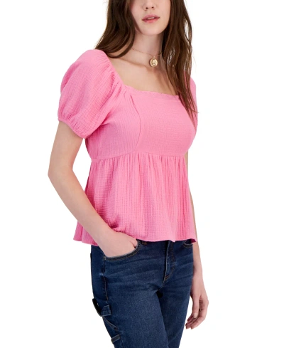 Hippie Rose Juniors' Puff-sleeve Textured Babydoll Top In Agave Pink