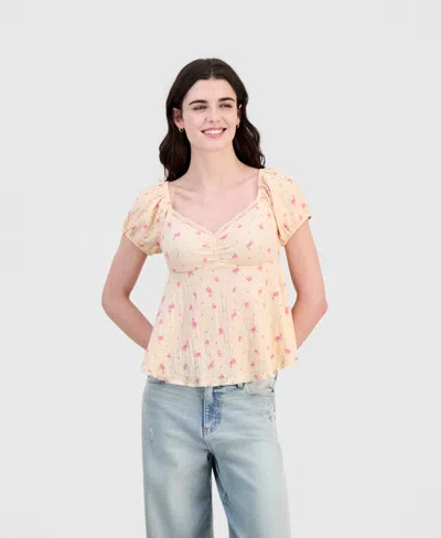 Hippie Rose Juniors' Puff-sleeve Peplum Top In Yellow