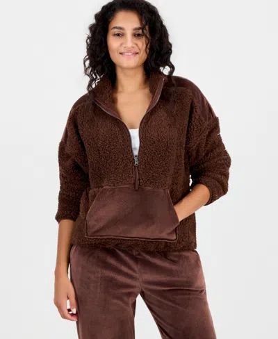 Hippie Rose Juniors' Quarter-zip Mock Neck Sherpa Jacket In Brown